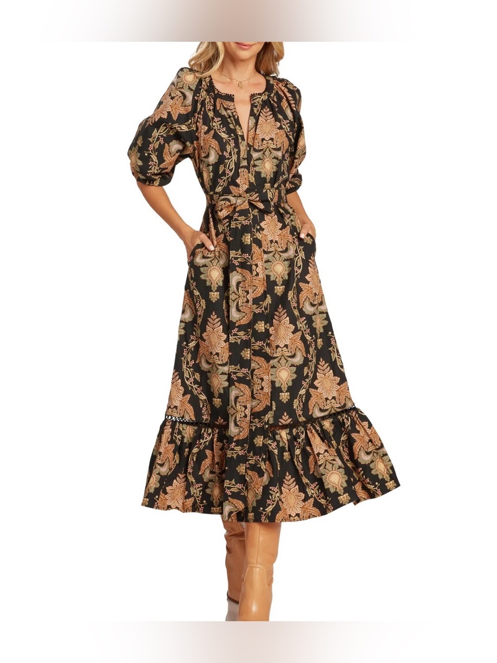 Black Midi Dress with Tan Floral Print and Tie Waist